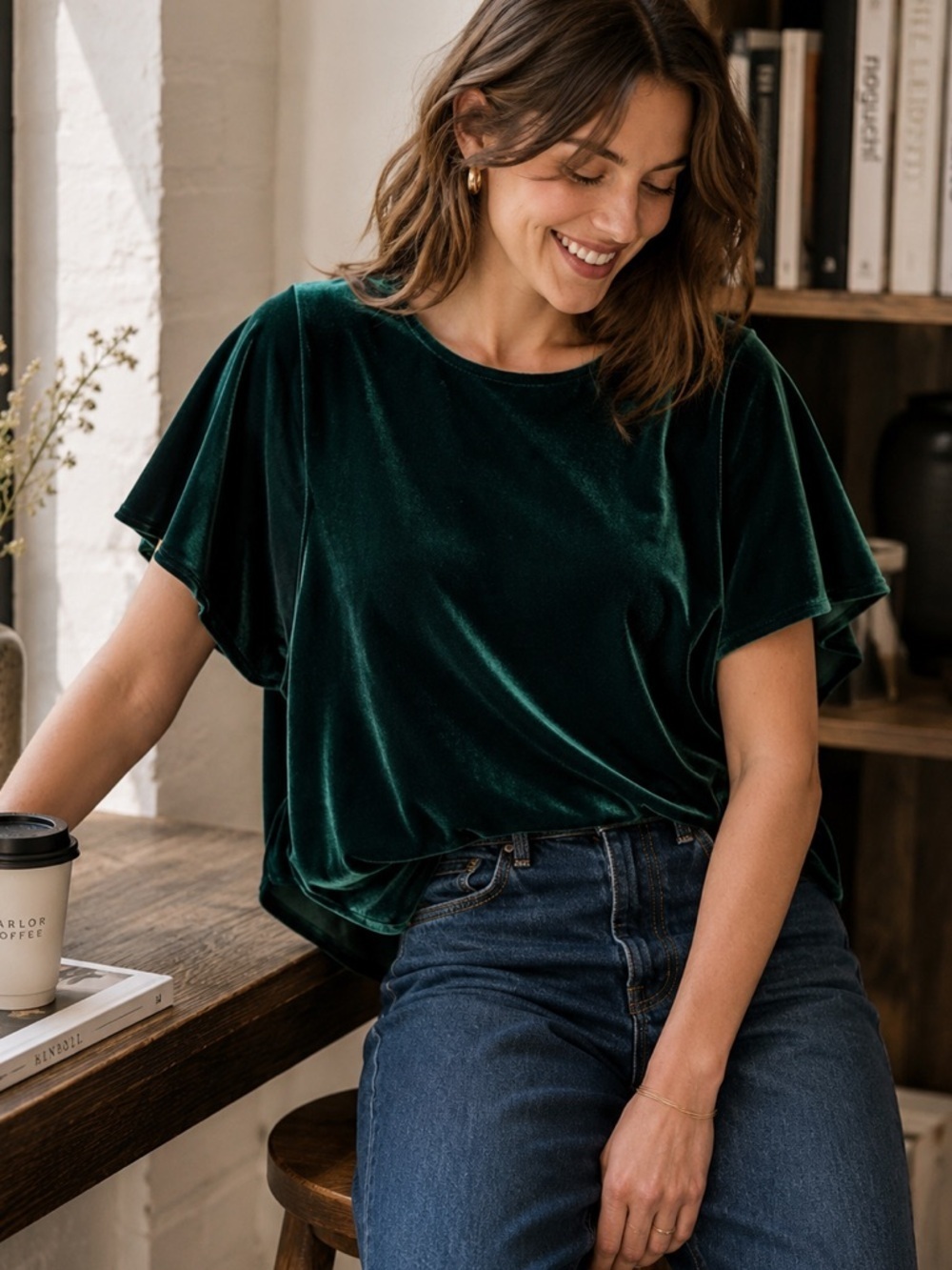 Madewell Green Velvet Witchy Flutter Sleeve Crew Neck Women’s Top Sz XS